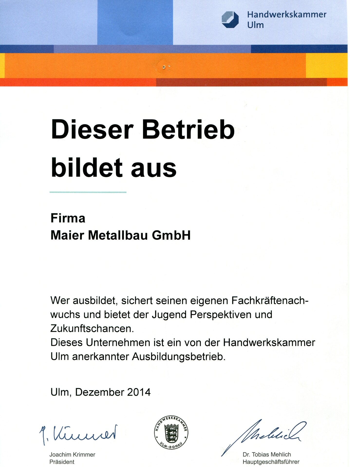 Ausbildungsbescheinigung der Handwerkskammer Ulm